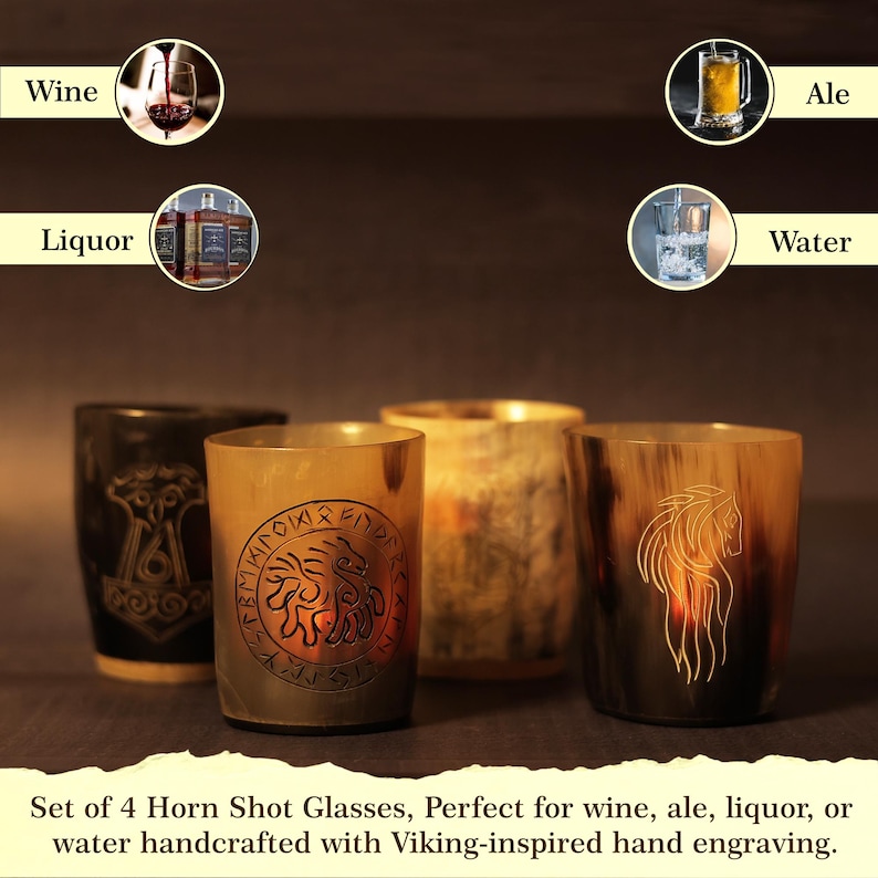 May include: Four horn shot glasses with Viking-inspired hand engravings. Suitable for wine, ale, liquor, or water. Each glass has a unique design and colour. The text says: Set of 4 Horn Shot Glasses.