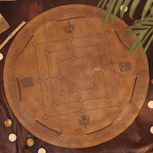 Viking 9 Men&#39;s Morris Game: Bone Pieces & Leather Board - Travel Edition