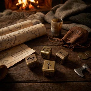 Viking Brass Dice Set of 4, Solid with Rune Engravings