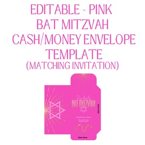 May include: Pink printable Bat Mitzvah money envelope template with gold glitter accents. The template features a Star of David and the text "Rachely Bat Mitzvah".
