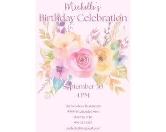 Rosa Blumengeburtstag einladen | Blumen-Geburtstags-Party Einladung | Elegante Blumen-Einladung zum Geburtstag Weiche Blumen-Geburtstagseinladung