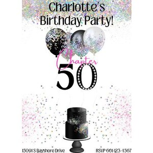 May include: A birthday party invitation with a black and silver cake, balloons, and the text "Charlotte's Birthday Party! Chapter 50".