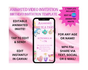 Convite animado para festa do chá da tarde | Modelo de aniversário MP4 editável inspirado na Alice | Download digital | Festa do Chá da Alice MP4