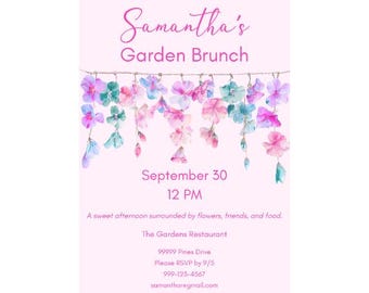 Garden Brunch Invitation | Editable Floral Brunch Party Template | Watercolor Flower Invite | Pink Spring or Summer Brunch Printable