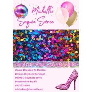 Convite para festa de gala com lantejoulas | Cartão para festa com lantejoulas rosa brilhantes | Convite editável para noite com lantejoulas | Festa de aniversário divertida com lantejoulas | Festa com glitter rosa