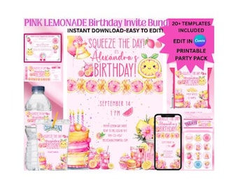 May include: Pink lemonade birthday party invitation bundle with various templates. Includes a birthday certificate, water bottle labels, Capri Sun labels, and a smartphone mockup. The invitation features a cute lemon character and the text "Squeeze the Day!"