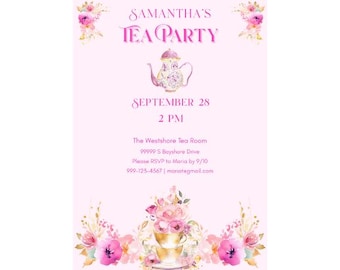 Può includere: Un invito rosa per il Tea Party di Samantha, con illustrazioni floreali e il testo "Tea Party di Samantha". L'invito include la data, l'ora e il luogo: 28 settembre alle 14:00 presso The Westshore Tea Room.