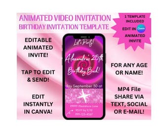 Bewerkbare geanimeerde videoverjaardagsuitnodiging | Pink Neon Sparkle MP4-sjabloon voor glamourverjaardag of Girls Night | Direct downloaden