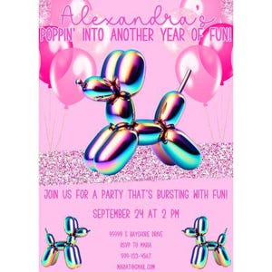 Invitación de cumpleaños para niñas con perro globo / Invitación de cumpleaños con un lindo animal globo / Invitación editable para fiesta de cumpleaños infantil / Invitación con perro globo