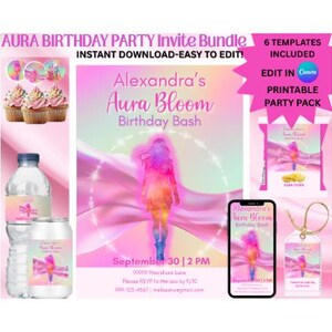 May include: A party invitation bundle with a pink and pastel color scheme. The design includes cupcakes, water bottles, and a smartphone mockup. Text includes "Aura Birthday Party Invite Bundle" and "Alexandra's Aura Bloom Birthday Bash."