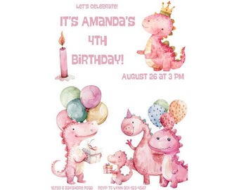 May include: A pink birthday invitation with a pink dinosaur wearing a crown and holding a sign that says "Let's Celebrate! It's Amanda's 4th Birthday! August 26 at 3 PM". There are also pink dinosaurs with balloons and presents.