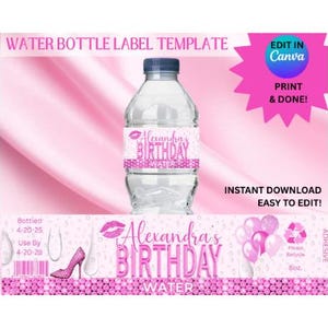 Editable Pink Birthday Water Bottle Label Template | Girl Birthday Drink Label | Printable Editable Party Label | Pink Party Decor