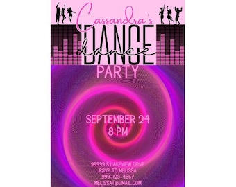 May include: A pink and purple dance party invitation with the text "Cassandra's DANCE PARTY". The invitation includes the date "SEPTEMBER 24" and time "8 PM". Silhouettes of dancers are at the top.