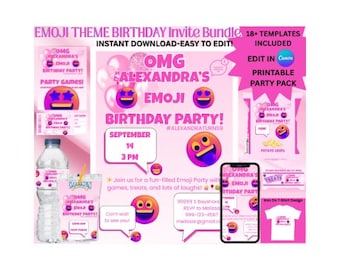 Emoji Party Invitation Bundle | Emoji Themed Birthday Invite and Printables | Girls Emoji Party Kit | Emoji Birthday Party Printables