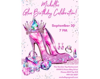 Glam Birthday Invite | Glam Birthday Celebration | Diamonds & Lipstick | Birthday Queen Invite | Pink Birthday Invite | Pink Glam Party
