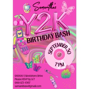 Könnte beinhalten: Eine pinkfarbene Y2K-Geburtstagseinladung mit dem Text "Samantha's Y2K Birthday Bash". Die Einladung enthält Illustrationen eines Klapphandys, Schmetterlingen, Kirschen und einer CD. Das Datum ist der 30. September um 19 Uhr.
