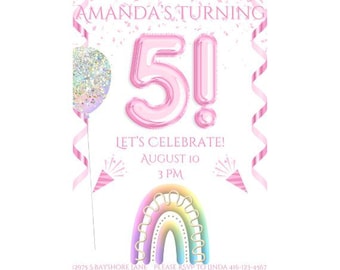 Birthday Invitation for Girls 5 | 5th Birthday Invitation Girls | Editable Birthday Canva | Party Invites 5th Birthday | 5 Year Old Birthday