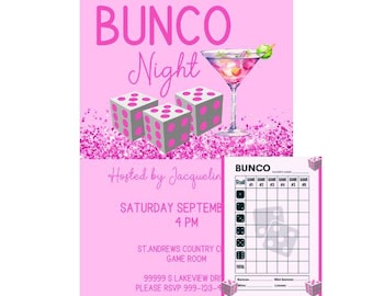 May include: A pink and white invitation for a Bunco night. The invitation includes the date, time, location, and RSVP information. It also features a pink and white dice and a martini glass with pink liquid.