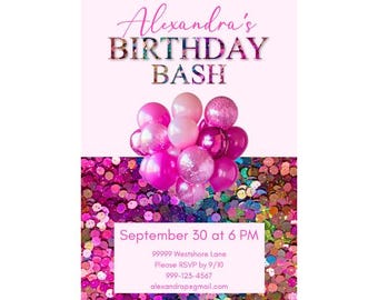 Glam Birthday Invitation for Girls or Women | Editable Bling, Sequin, or Holographic Party Template | Sparkle Printable Invite |Glitter Bday