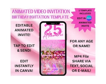 Bewerkbare geanimeerde glitterverjaardagsuitnodiging – MP4-videosjabloon Sparkle voor elk leeftijdsfeest – Canva Invite direct downloaden | Video-uitnodiging