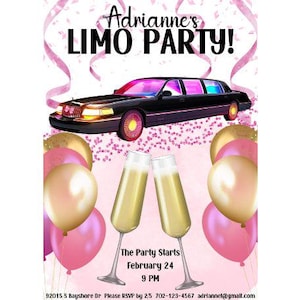 Può includere: Invito a una festa rosa e oro con una limousine nera, flute di champagne e il testo "Adrianne's Limo Party!" La festa inizia il 24 febbraio alle 21:00. Conferma la tua presenza entro il 5 febbraio.