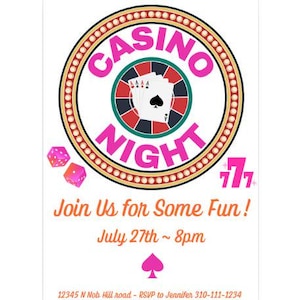 Roze casinouitnodigingen | Uitnodigingen met casinothema | Uitnodiging feest casinoavond | Uitnodigingen Girls Night | Uitnodiging game-avond dames