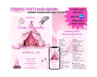 Girls Camping Party Printable Bundle | Camp Birthday Invite + Packing List + Decorations | Glamping Tent Theme | Pink Camping Party Bundle