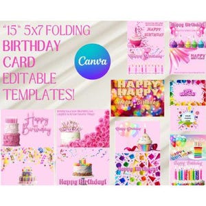 Modelos de cartões de aniversário 5x7 | Cartões de felicitações rosa | Modelo de cartões de felicitações Canva | Modelo de cartões de aniversário | Cartões dobráveis para impressão rosa