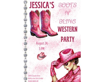 Puede incluir: Una invitación rosa y blanca con un fondo brillante. La invitación presenta un par de botas de vaquero rosas, un sombrero de vaquero rosa y el texto "JESSICA'S BOOTS N BLING WESTERN PARTY" con la fecha "August 24" y la hora "5 PM".