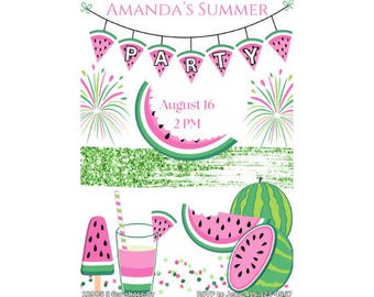 Watermelon Birthday Party Invitations | Watermelon Themed Invitations | Watermelon Party Invites | Watermelon Party Theme | Pink Watermelon