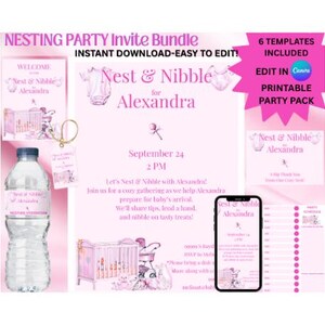 Utskrivbart paket med bofest | Mysiga rosa babyshower-förberedelsespel och aktiviteter | Redigerbart bo- och tuggummifestset | Rosa bofestpaket