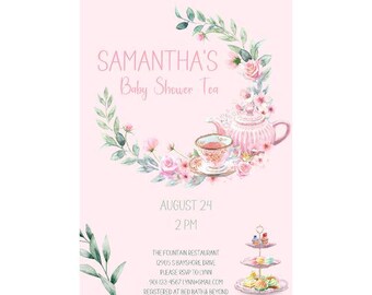 Könnte beinhalten: Eine rosa und grüne florale Babyparty-Einladung mit einer Teekanne, einer Teetasse und Cupcakes. Die Einladung enthält den Text "SAMANTHA'S Baby Shower Tea", "August 24", "2 PM", "THE FOUNTAIN RESTAURANT", "12905 SBAYSHORE DRIVE", "PLEASE RSVP TO LYNN", "90-123-4567 LYNN@GMAIL.COM" und "REGISTERED AT BED BATH & BEYOND".