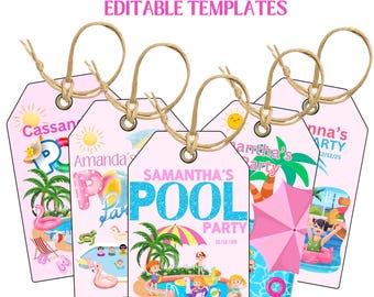May include: Five pink gift tags with a pool party theme. Each tag has a different design featuring a pool, palm trees, and kids playing in the pool. The text on the tags reads "Samantha's Pool Party 12/12/25", "Amanda's Pool Party", "Cassan's Pool Party", "Antha's Party", and "Anna's Party 2/12/25".