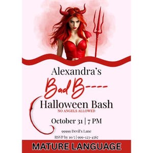 Bad B***h Halloween Party Invitation | Devil Costume Bash | Editable Digital Download | Mature Content | Devil Invitation Template Canva