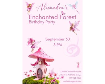 Fairy Birthday Party Invitation | Enchanted Forest Fairy Birthday Invitation Girl | Pink Mushroom House Party Invite | Magical Garden Party