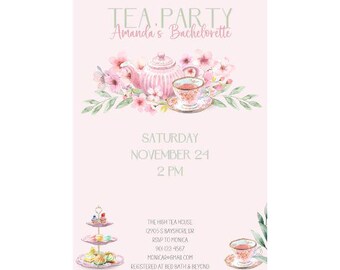 Bachelorette Tea Party Invitation| Pink Tea Party Invitation | Tea Party Invitation Template | Bachelorette Invites Canva | Fancy Tea Party