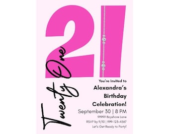 Editable 21st Birthday Invitation | Glam Birthday Party Template | Modern Printable Birthday Invite for Her | Instant Download | Pink Bling