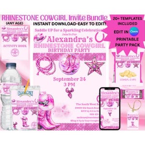 Rhinestone Cowgirl Party Bundle | Rhinestone Cowgirl Birthday Invitation Bundle | Glam Cowgirl Birthday Party | Pink Cowgirl Party Bundle