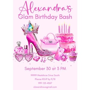 Invitación de cumpleaños glamurosa con tacones y brillo / Tarjeta de celebración editable para niña / Invitación digital imprimible en rosa para adolescentes / Fiesta glamurosa rosa