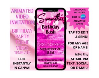 50 tinten roze verjaardagsuitnodiging | Geanimeerde digitale mp4-video | Felroze Glam Bday Party Evite voor dames | Bewerkbare download