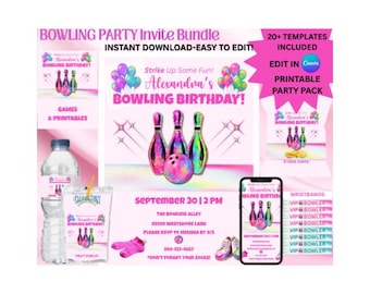 Bowling-Party-Paket | Kinder Teen Geburtstag Printables | Strike Spiele Geburtstag Dekor Digitales Kit | Bowling Geburtstagskind|Digital Bowling