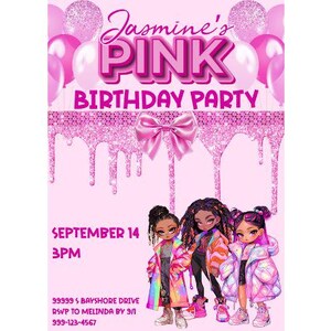 Pink Birthday Invitation for African American Girls | Girls Birthday Party Invite | Girls Pink Birthday Party | Pink Birthday Invites
