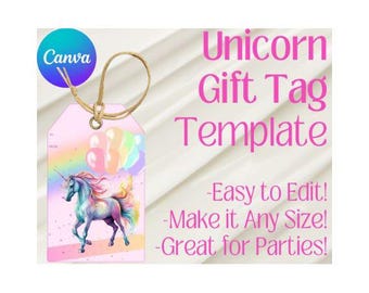 May include: Printable unicorn gift tag template with a pink background, a rainbow, and a unicorn with a blue and purple mane and tail. The text "Unicorn Gift Tag Template" is in pink letters. The text "Easy to Edit! Make it Any Size! Great for Parties!" is in black letters.