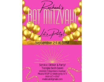 Invito Bat Mitzvah rosa caldo oro / Invito Bat Mitzvah / Invito Bat Mitzvah / Invito festa Bat Mitzvah / Invito biglietto Bat Mitzvah