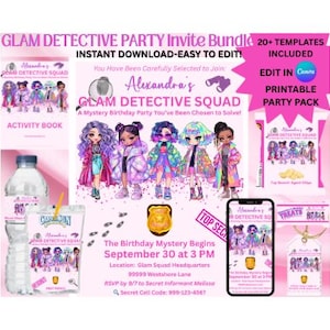 Könnte beinhalten: Ein Glam Detective Party Einladungs-Bundle mit über 20 Vorlagen. Die Einladung enthält ein Activity-Buch, ein Capri-Sun-Getränk und ein Smartphone mit den Party-Details. Die Party findet am 30. September um 15:00 Uhr statt.