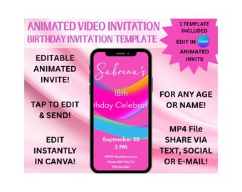 Bewerkbare felroze videoverjaardagsuitnodiging | Geanimeerde glamoureuze mp4-sjabloon voor modern meisjesfeest |  Direct downloaden | Geanimeerde video-uitnodiging