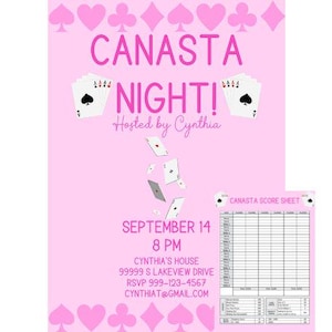 Canasta Night Invitation & Score Sheet | Pink Canasta Set | Canasta Party Invitation | Canasta Theme Invitation | Ladies Game Night