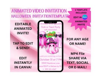 Spooktacular Trick or Treat Animated Halloween Invitation | Pink Ghost Party | Editable Digital Download | Video Invitation Animated