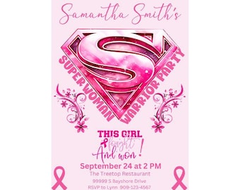 Może przedstawiać: Różowe zaproszenie z różowym logo superbohatera i tekstem "Samantha Smith's Super Woman Warrior Party". Zaproszenie zawiera również tekst "This girl fought and won!" oraz szczegóły dotyczące imprezy 24 września o godzinie 14:00 w restauracji The Treetop.