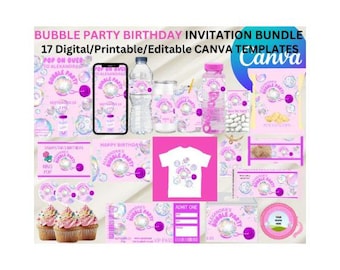 May include: A printable birthday party invitation bundle with 17 digital templates featuring a bubble theme. The templates are pink and white with a bubble design and the text "Pop on over to Alexandra's Bubble Party".